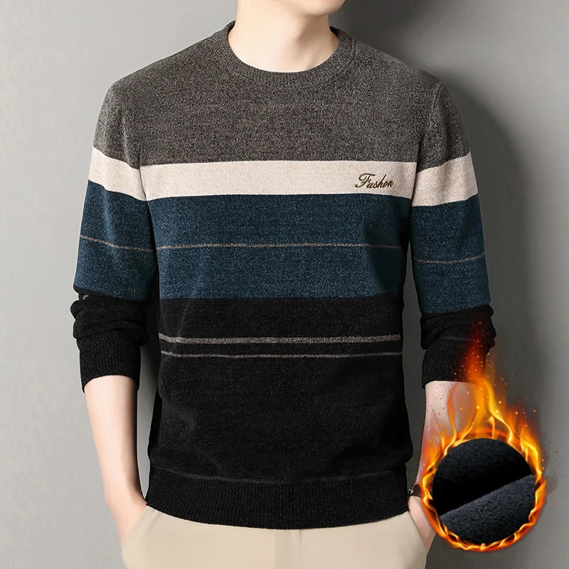 High Quality Men's Sweaters Fashion Knitting Pullover Striped Men's Autumn Winter Tops Round Neck Jerseys Fleece Bottom Shirts