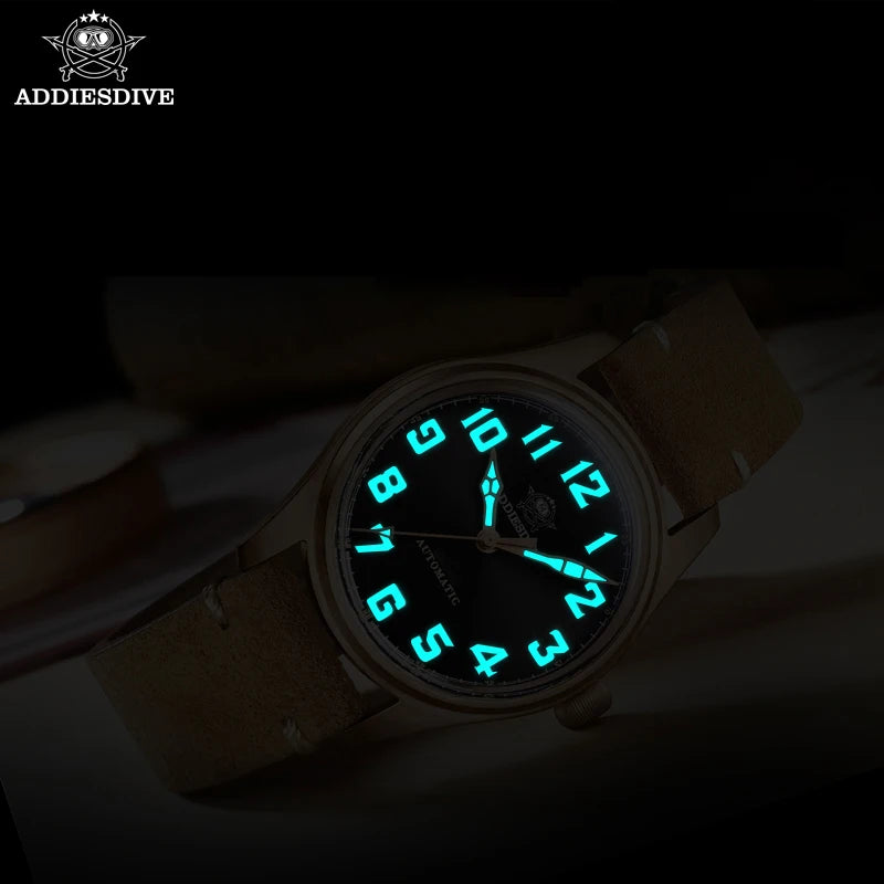 ADDIESDIVE 39mm Vintage CuSn8 Bronze Diver 200m Men's Watch Bubble mirror sapphire glass Automatic Mechanical Leather Strap