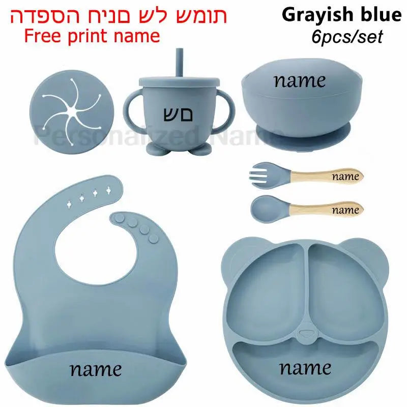 Baby Feeding Plate Sets Suction Bowl Silicone Plate For Kids 6Pcs Children Tableware Personalized Name Dinner Dishes Cups Spoon