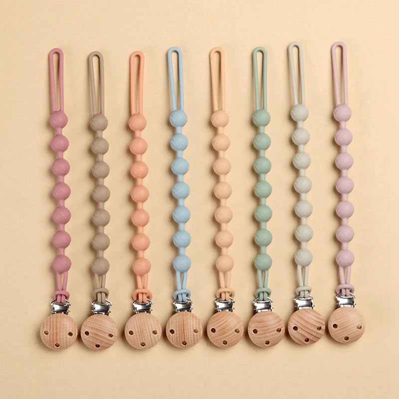 Beech Wood Chew Bead Pacifier Clips Dummy Chain Holder Newborn Soother Chains Nipple Holder For Babies Teething Toy Baby Chew