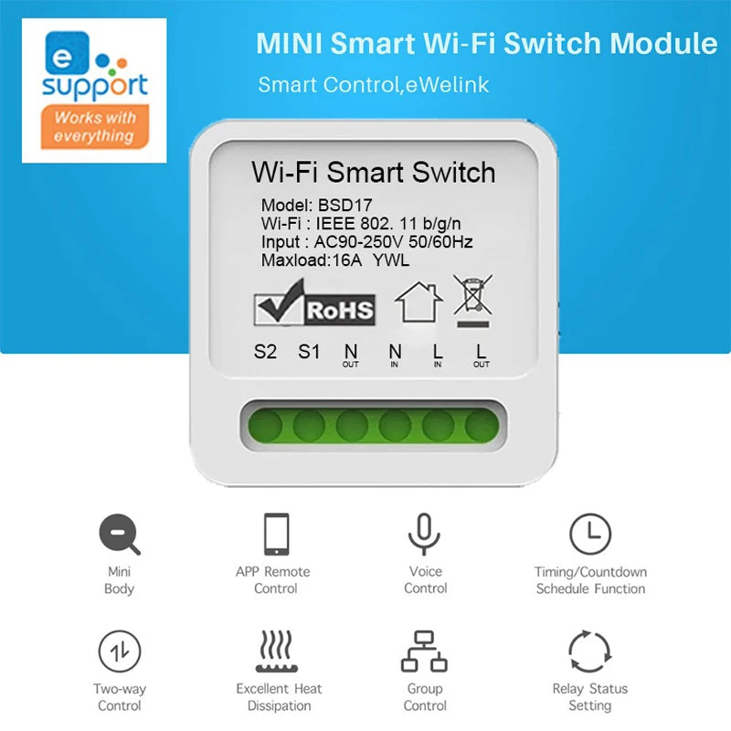 16A Wifi Smart Switch 2 Way Wireless Control DIY Light Switches Smart Circuit Breaker Switch Support Alexa Google Home EWelink