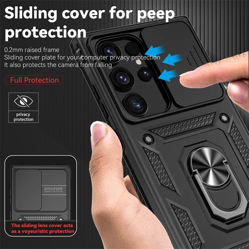 Armor Magnetic Bracket Case for Samsung S25 S24 S23 S22 S21 S20 Note 20 Ultra S10 Plus Slide Camera Protection Shockproof Cover