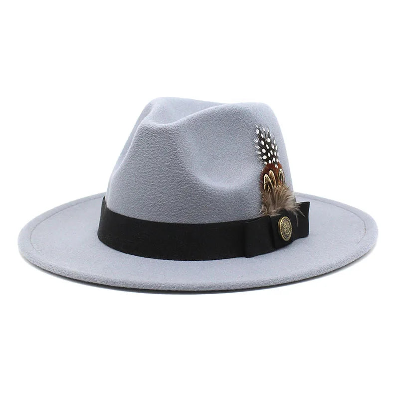 White Woolen Gentleman Classic British Jazz Feather Top Hat Wide Brim Party Church Wedding Fedora Hats Men Women Panama Felt Cap