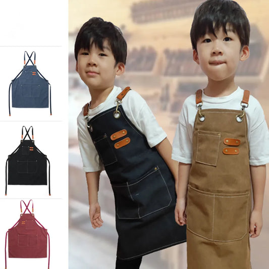 Kids Thick Canvas Denim Bib Apron Children Outdoor Kitchen Art Apron Cooking Workshop Heavy Work Apron Fabric Work Kindergarten