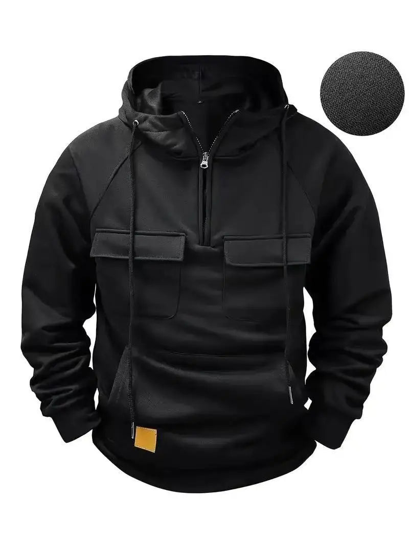 Fashionable Youth Men's Hoodie Solid Color Casual Autumn/Winter Pullover with Multi Pockets Patch Design