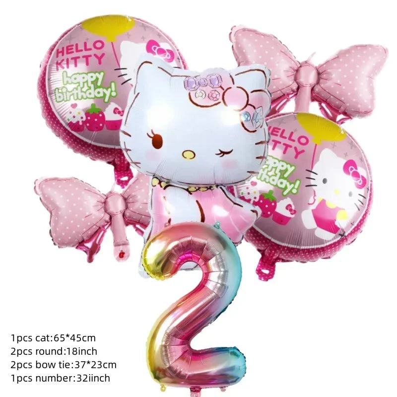 Cute Cartoon Kitty Cat Balloons Set First 5th 6th Birthday Decoration Baby Shower Globos Hello Cake Topper Backdrop Candy Box