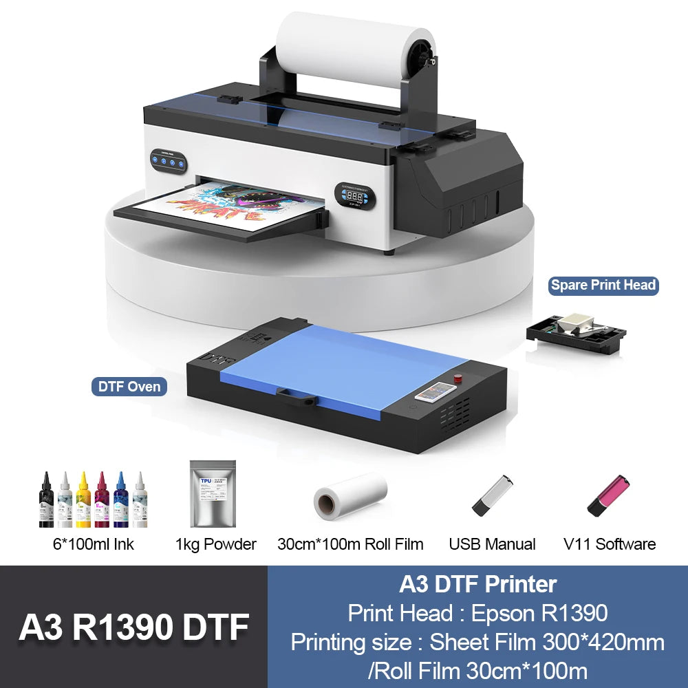 A3 DTF Printer for Epson R1390 with Roll Feeder Heat Transfer Direct to Film TShirt Printing Machine A3 DTF Printer for Clothes