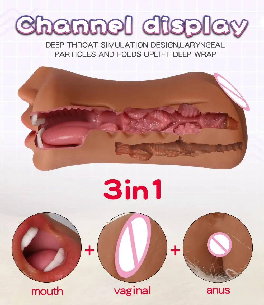 3 IN 1 Male Masturbator Silicone Vagina Real Pussy Open Mouth Teeth Realistic Sex Deep Sex Toys for Men Oral Masturbation Sextoy