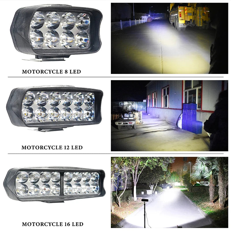 1Pcs 8/12/16 Led Motorcycle Headlight External Auxiliary Lamp Motorbike High Bright DRL Driving Light Work Light White 12V