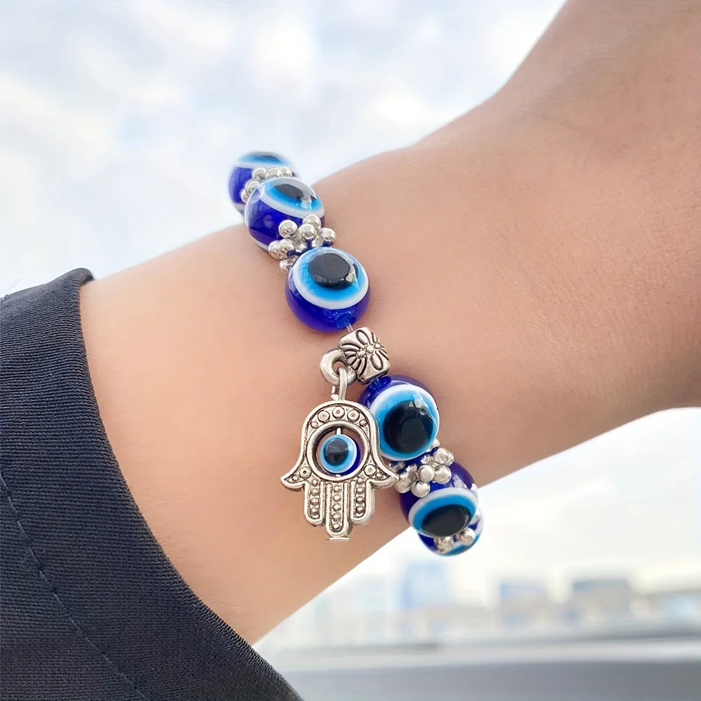 Retro Blue Evil Eye Bracelet for Women Wishing Lucky Handmade Elastic Bracelet for Men and Women Friendship Jewelry Gift