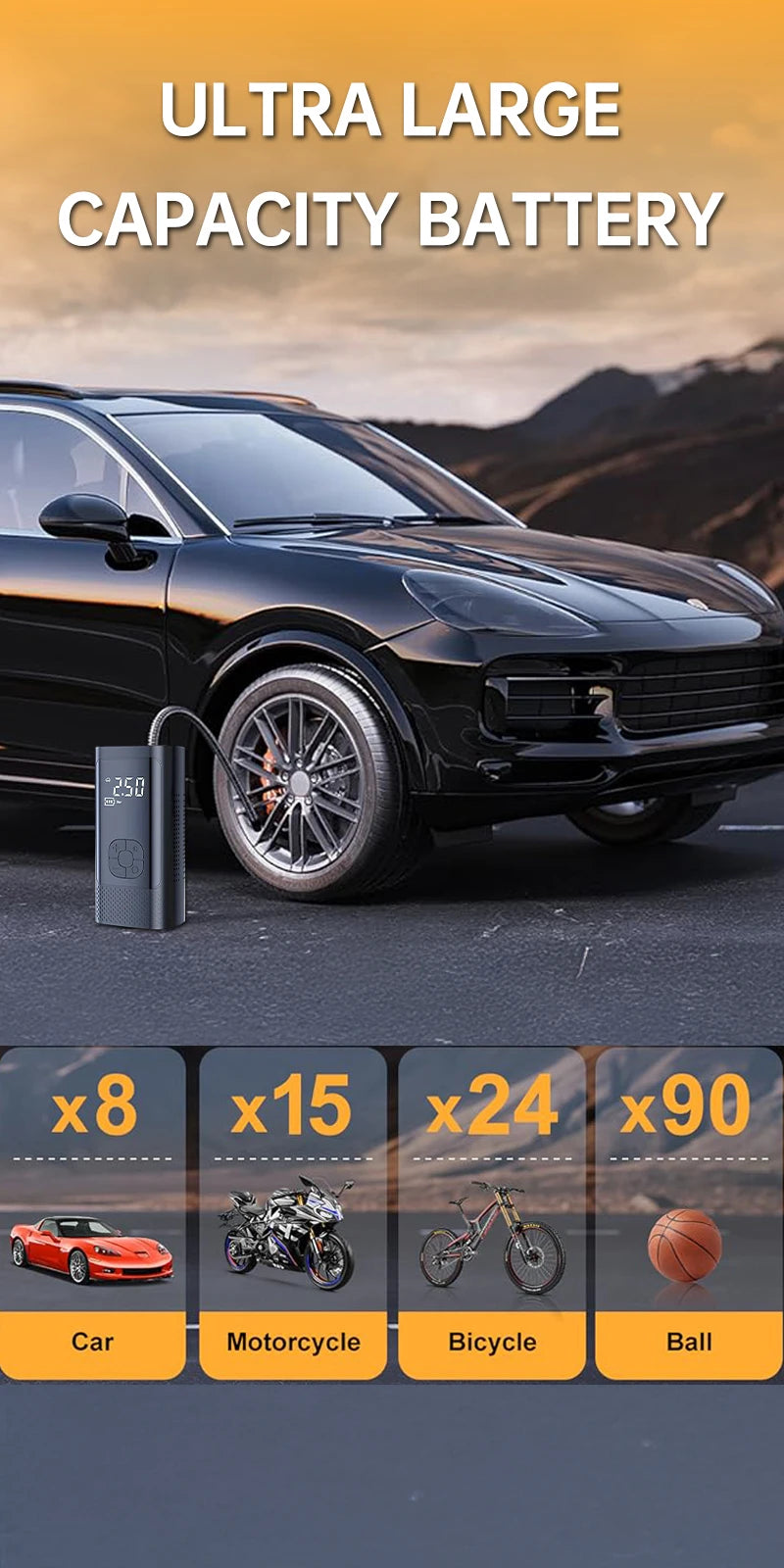 Inflatable Pump Portable Handheld 2 power supply modes and 4 preset air pressures Digital Display Car Motorcycle Tire