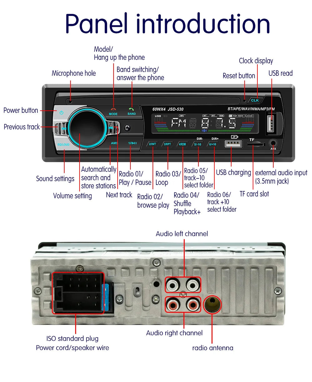 Car Radio Stereo Player Digital Bluetooth MP3 Player JSD-530 520 60Wx4 FM Audio Stereo Music USB/SD with In Dash AUX Input