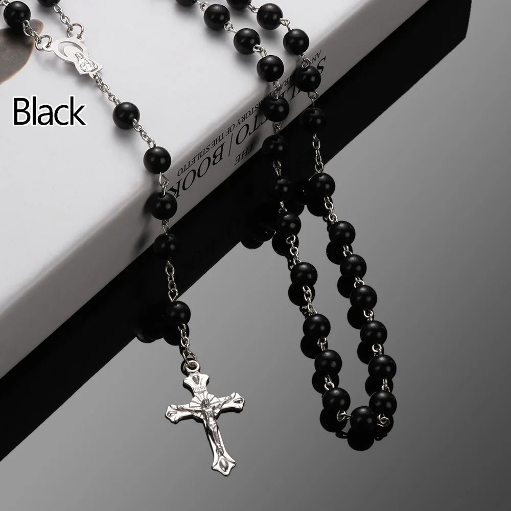 Fashion Vintage Cross Necklace Rosary Beads Chain Jesus Crucifix Virgin Mary Pendant Chain Jewelry Necklace