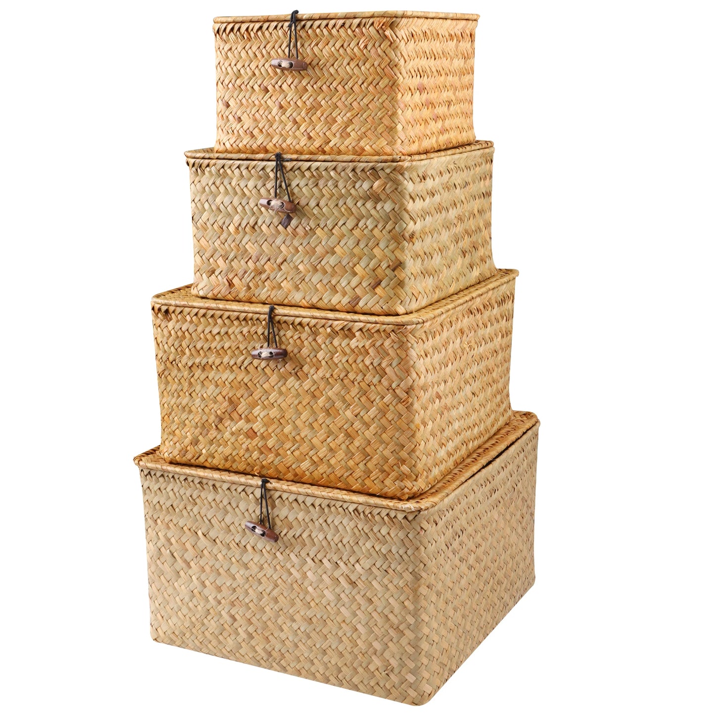 Set of 4 Seagrass Basket with Lid Wicker Storage Basket Decor Storage Boxes Flat Storage Bins Woven Organizer Baskets for Shelf