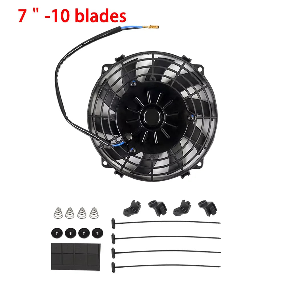 Universal 7/9/10/12/14/16 Inch 12V 80W 2100RPM Car Air Conditioning Cooling Fan Blade Cool Mounting Kit CF-1001 Black CF-1001