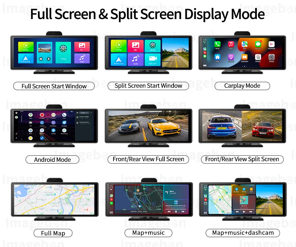 Imagebon 10.26" Wireless CarPlay & Android Auto Dash Cam ADAS 4K DVR Bluetooth Audio AUX GPS Navigation Dashboard Video Recorder