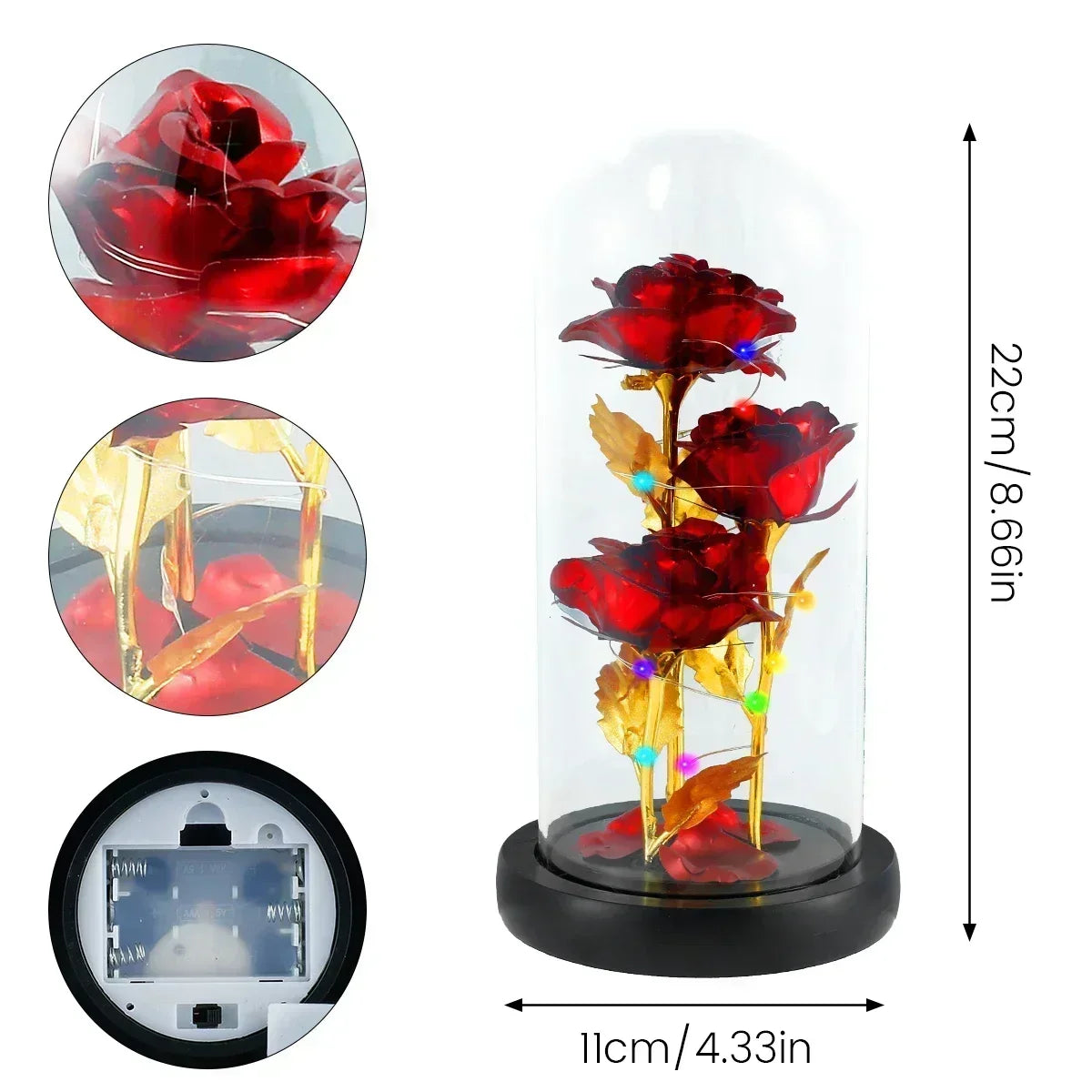 Rose enchantée en verre avec lumières LED, fleur artificielle, cadeau de Noël, la belle et la bête, Saint Valentin