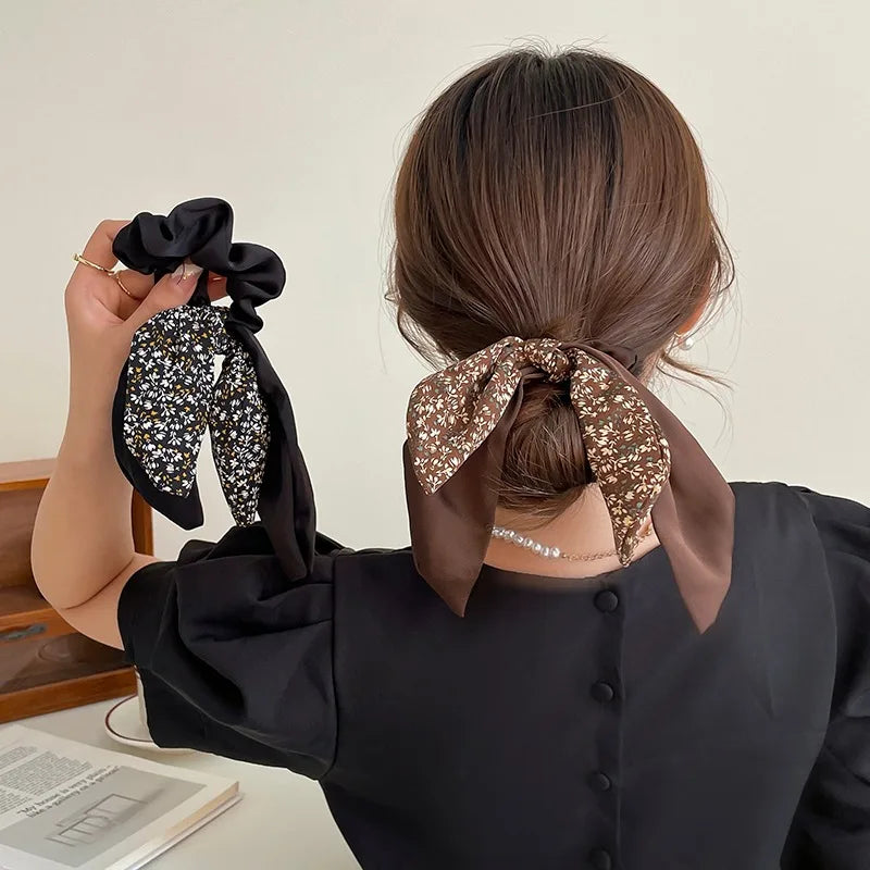 Ponytail Ribbon Bow New Women Scrunchies Knotted Bowknot Hair Ties Floral Print Sweet Elastic HairBand Hairs Accessories