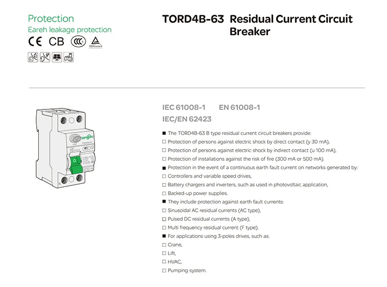 RCD RCCB Type B Earth Leakage Residual Current Circuit Breaker Evse 2P 4P AC 40a 63a 30ma 100ma 300ma 10KA Din Rail 230V TONGOU