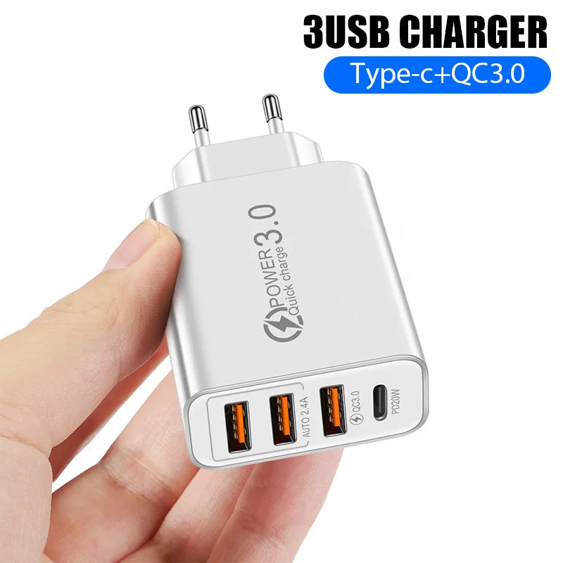 Type C USB Quick Charger 4 Ports 3.0 PD Cell Mobile Phone Power FAST Adapter For iPhone Samsung Xiaomi Black/White