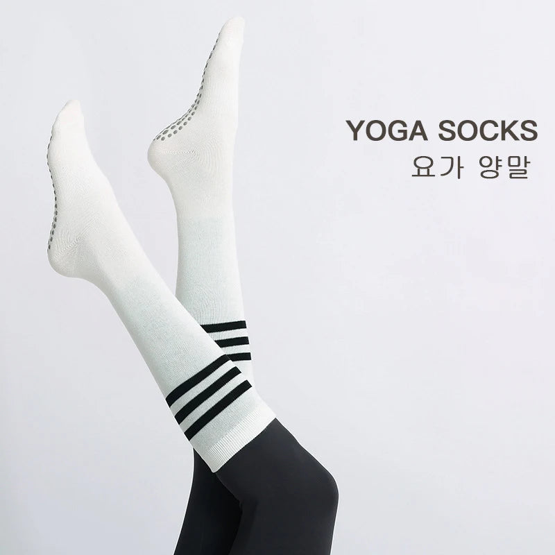 Autumn Winter Women Yoga Socks Striped Cotton Fitness Breathable Pilates Socks Middle Tube Non-Slip Gym Dance Ballet Grip Socks