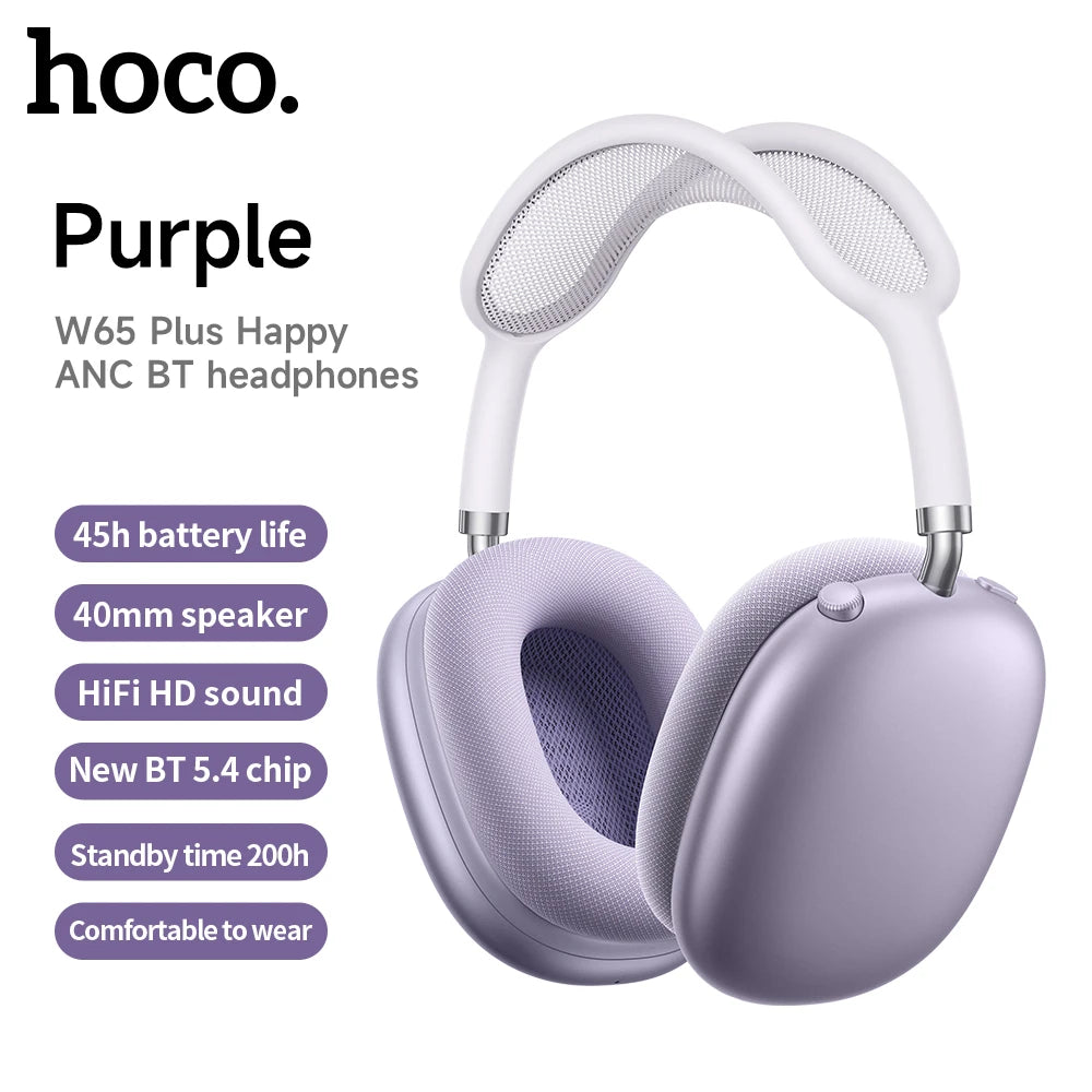 HOCO W65 Plus ANC Noise Reduction Bluetooth Headphones Over The Ear Wireless Big Earphone Hifi Sounds Sport Headsets With Button