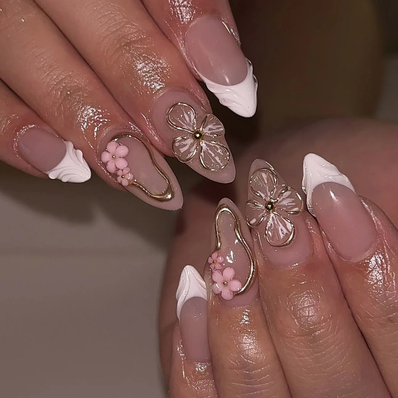 24PCS 3D Sweet Pink Flower Almond Press on False Nails with Yellow French Diamonds Fake Nails Artificial Wearable Tips with Glue