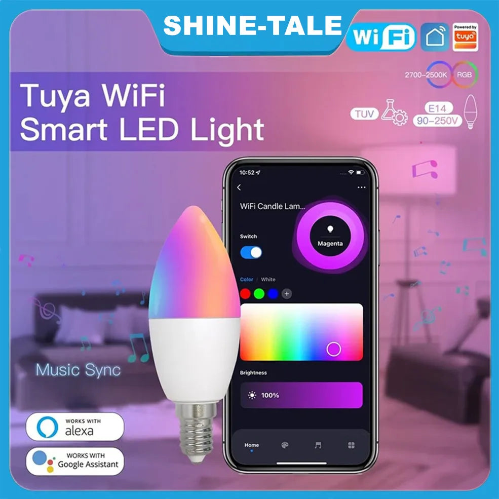 Tuya Wifi Smart E14 Candle Lamps RGB LED Bulb Light Bluetooth 110V 220V Smart Life APP Voice Control Alice Alexa Google Home