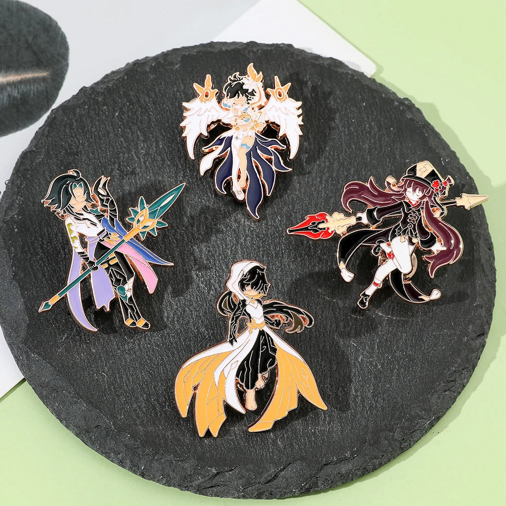4 Pcs Genshin Impact Series Brooch Creative Walnut Mandrilla Enamel Pin Metal Paint Badge Backpack Clothing Accessories Wallet