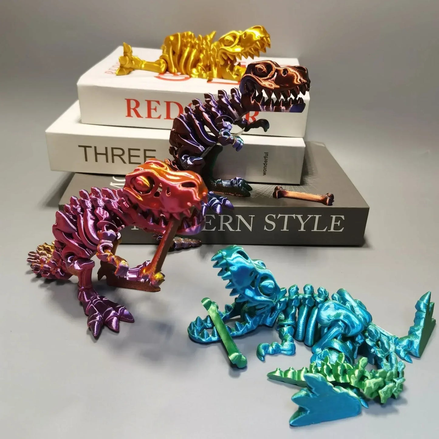 4Pcs Tyrannosaurus Rex Fossil Dragon 3D Printing Skull Dragon Movable Joint Decoration Toy Can Stand Big-mouth Dinosaur Model