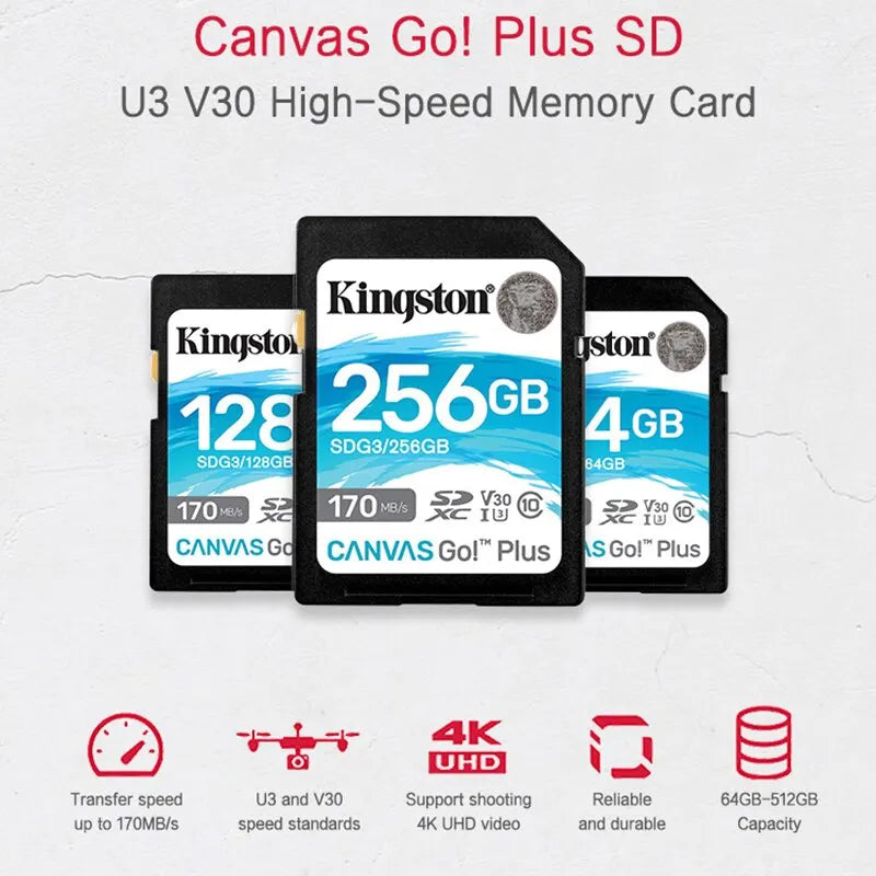 Kingston High Speed 4K SD Card 64GB 128GB 256GB 512GB Memory Card Up to 170MB/s Read V30 U3 Flash Card C10 for Camera