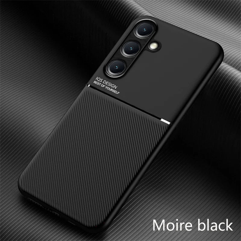 Car Magnetic Holder Leather Plate Phone Case for Samsung Galaxy S25 S22 S23 S24 Ultra Plus Edge S21 S20 FE 5G Soft Back Cover