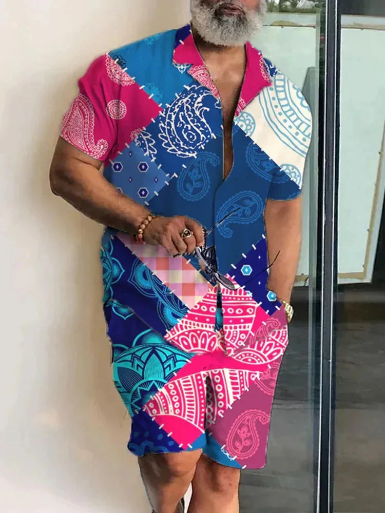 Summer Men's Short-sleeved Shirts Loose Drawstring Shorts New Fashion Cashew Flower Pattern Shirt Shorts Two-piece Men's Suit