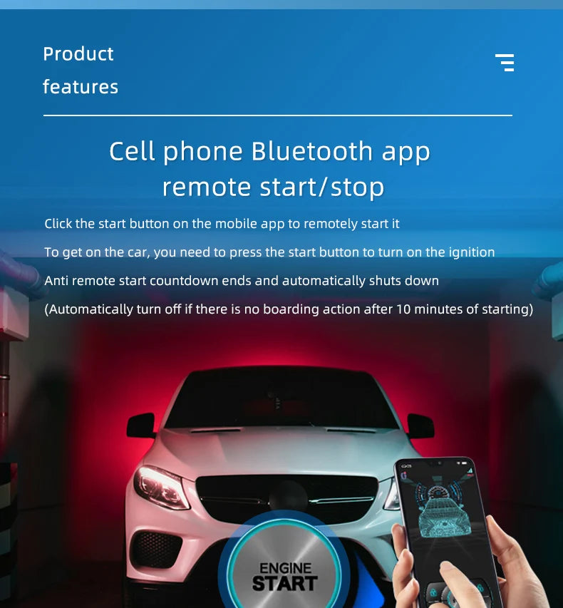 Universal Car Push Button Start Stop Keyless Entry Starter System Cell Phone Bluetooth APP PKE Remote Control Ignition Car Alarm