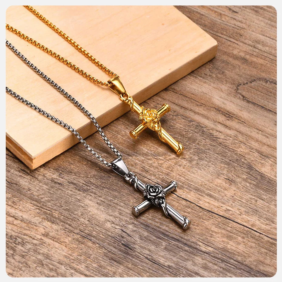 Vnox Men Cross Necklace, Stainless Steel Rose Cross Pendant with Box Chain, Unisex Cool Crucifix Jesus Faith Aesthetic Collar