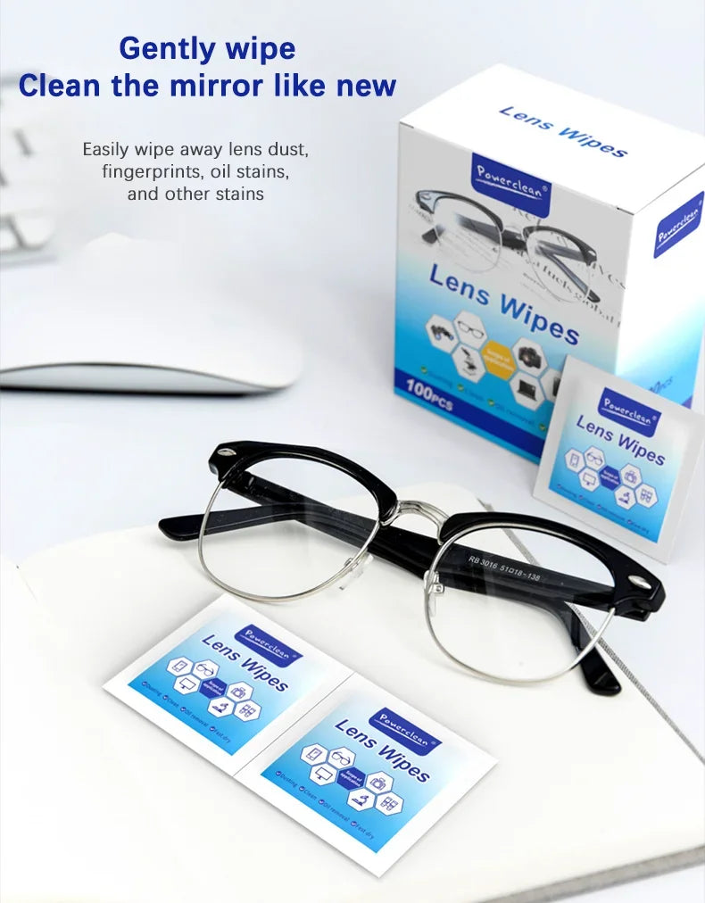 100pcs Glasses Cleaning Lens Wipes Sunglasses Mobile Phone Screen Wipes Pre-Moistened Individually Wrapped No Scratches Stripes