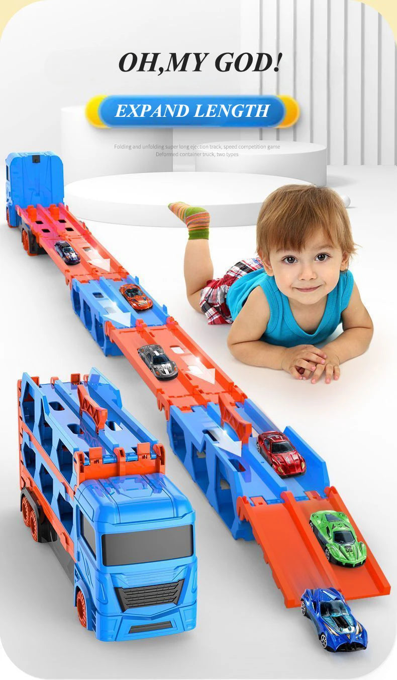 Transport Truck Toy 65-Inch Foldable Toddler Car Carrier for Boy Girl 9 in 1 Race Track and Die-Cast Truck Race Car Gift Vehicle