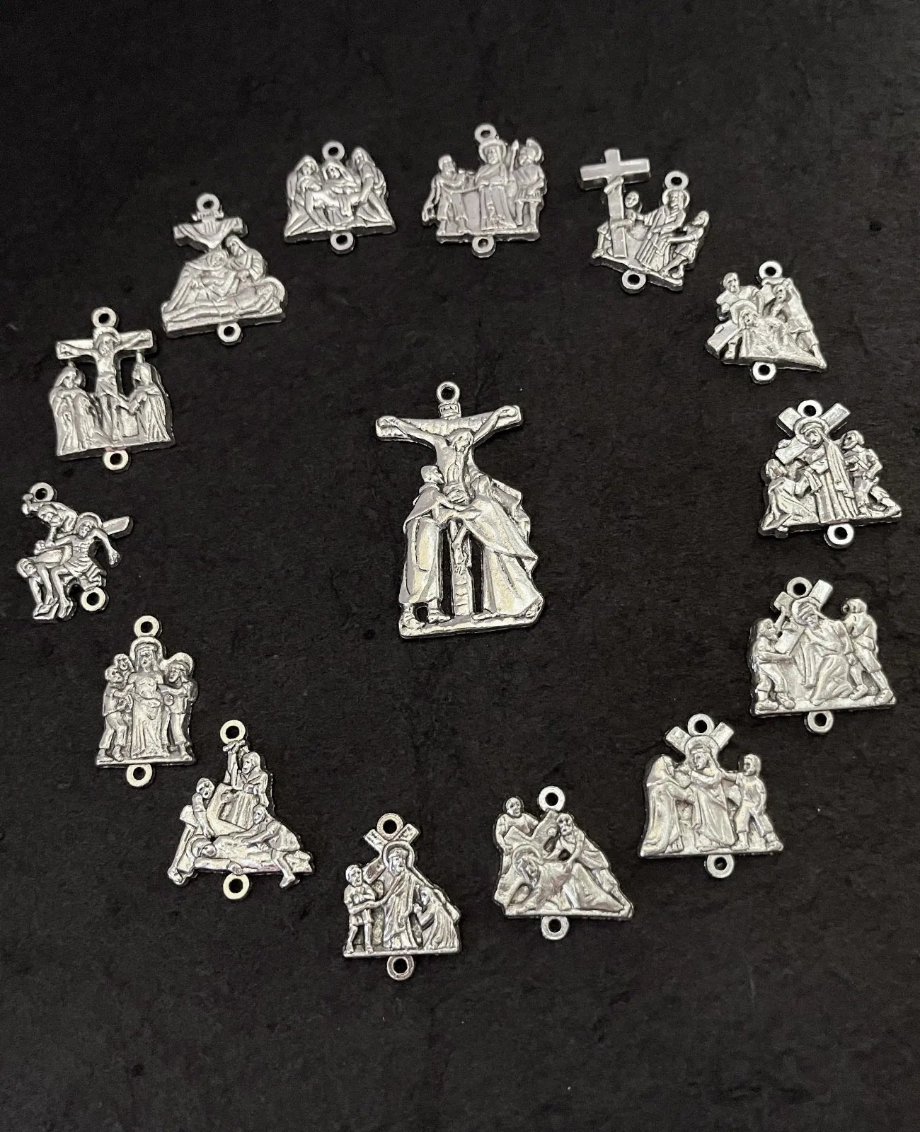15Pcs Crucifix Jesus Cross Pendant Set Stations of the Cross Devotional Medals for Rosary Parts DIY Making Accessories