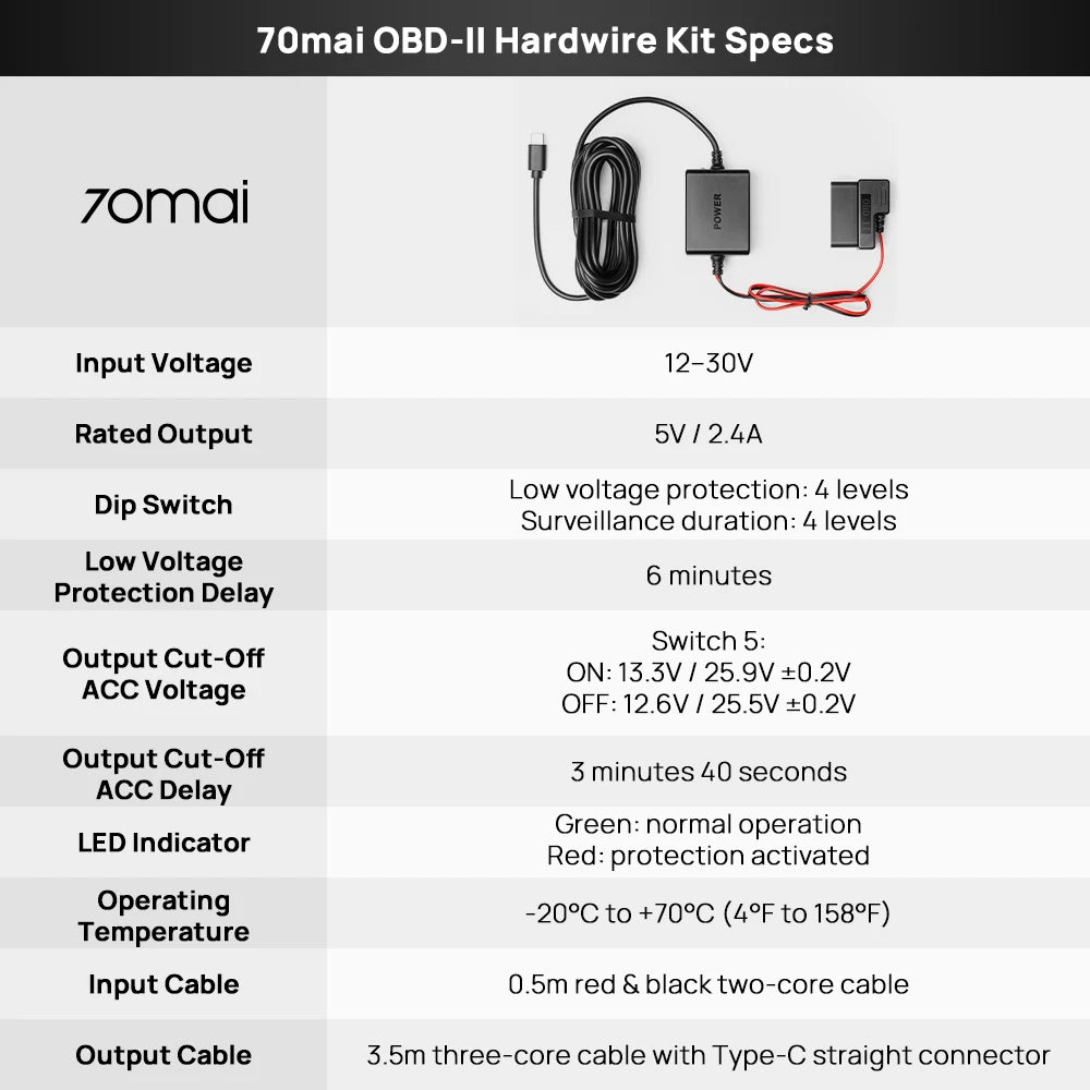 70mai Dash Cam Hardwire Kit OBD-II &  Adjustable Hardwire Kit UP06 for Car DVR Type-C Interface Plug-and-Play Parking Model