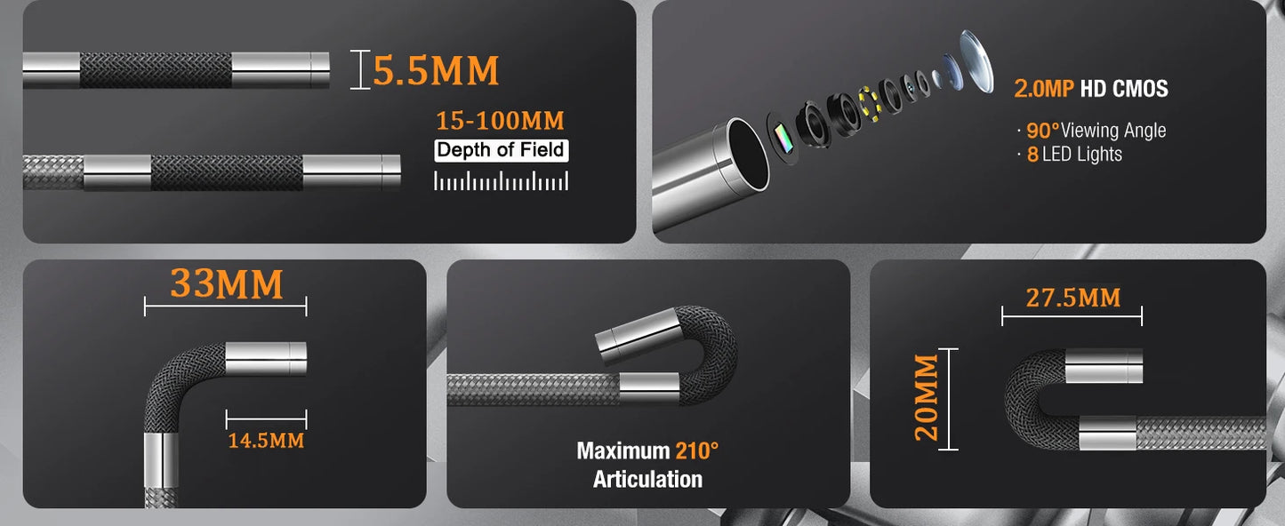 TESLONG TD450S 5.5MM Articulating Borescope 1080P 5 Inch IPS Two Way 360° Steering Endoscope Camera 1m Stainless Steel Tube
