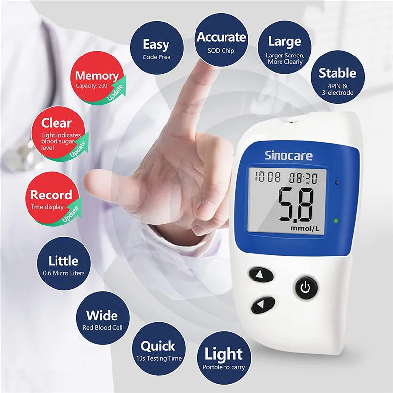 Sinocare Safe ACCU2 Blood Glucose Meter with Test Strips Glucometer Kit for Diabetes Home Blood Sugar Monitor for Diabetic (CE)