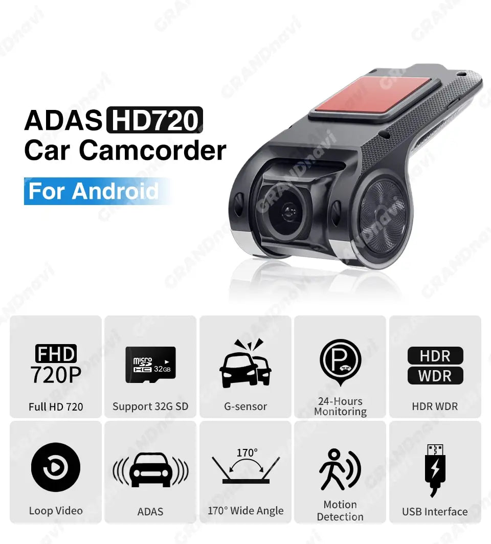 Grandnavi HD Car DVR Dash Cam ADAS Video 720P USB TF Card 16G/32G Auto Recorder for Android Multimedia Player DVD Voice Alarm