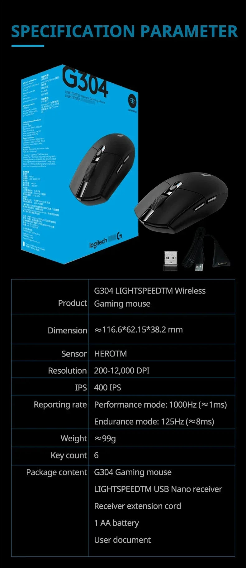 Logitech G304/G305 LIGHTSPEED Wireless Lightweight Gaming Mouse For FPS/MOBA/MMO/RPG/CS2- HERO Sensor 12K DPI, 6 Programmable