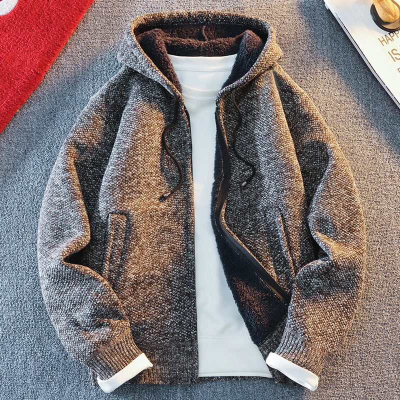 Men's Fleece Warm Knit Sweater Cardigan Hooded Jackets Fleece Warm Casual Jackets Autumn Winter Sweaters Coats
