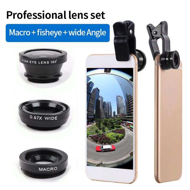 3in1 Fisheye Lens Wide Angle Micro Camera Lens for iPhone 14 13 3IN1 Zoom Fish Eye Len for Smartphone Lenses with Phone Clip