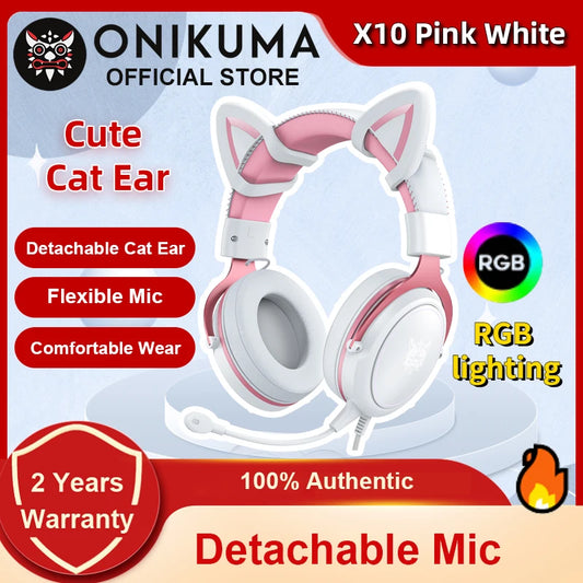 onikuma Cat Ear Gaming Cute Headset, Wired Over-Ear Headphones with Noise Cancelling Microphone, Surround Sound, LED Backlight f