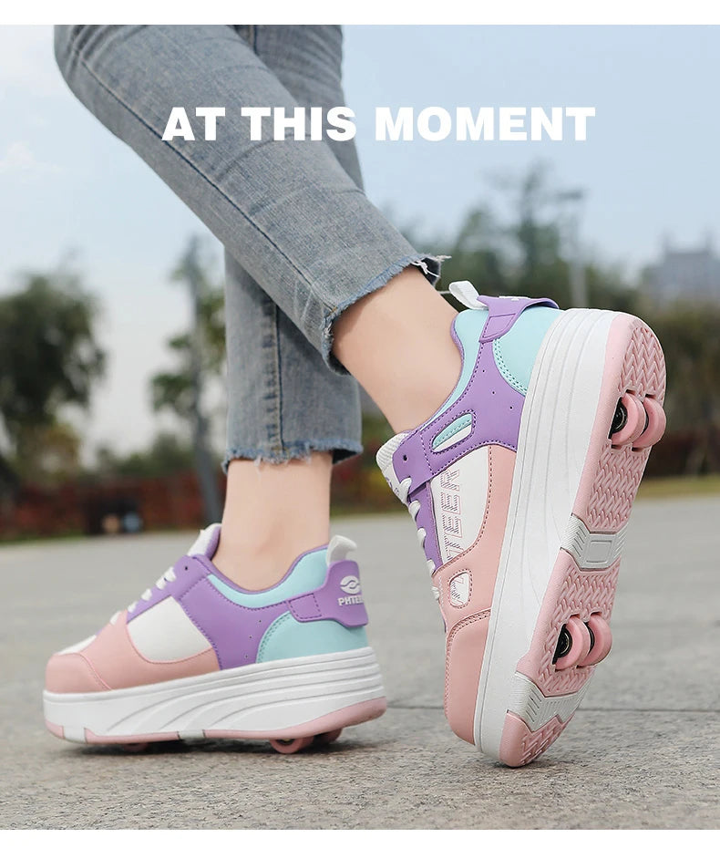 Student roller skates, detachable four-wheel roller skates, size 31-40 multifunctional sports shoes for boys and girls