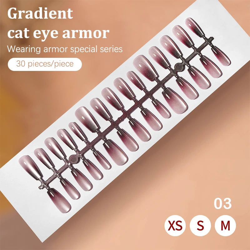 30Pcs Fake Nails French Style Gradient Cat Eyes Press On Full Cover Artificial Three Sizes Available False Nails Nail Enthusias
