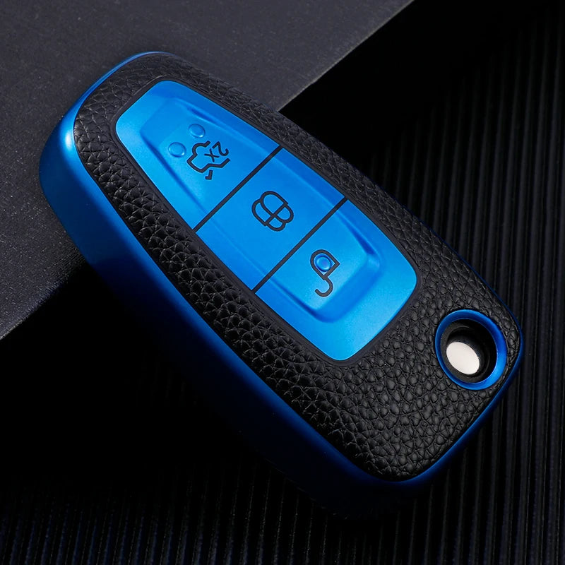 Leather TPU Car Key Case Cover for Ford Ranger C-Max S-Max Focus Galaxy Mondeo Transit Tourneo Custom Auto Key Holder Keychain