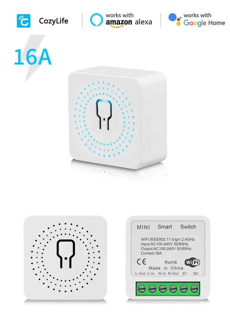 16A WiFi Smart Switch Home Mini AC100-240V DIY Switch APP Timer/Voice Control Module Relay Auto Breaker Works With Alexa Google